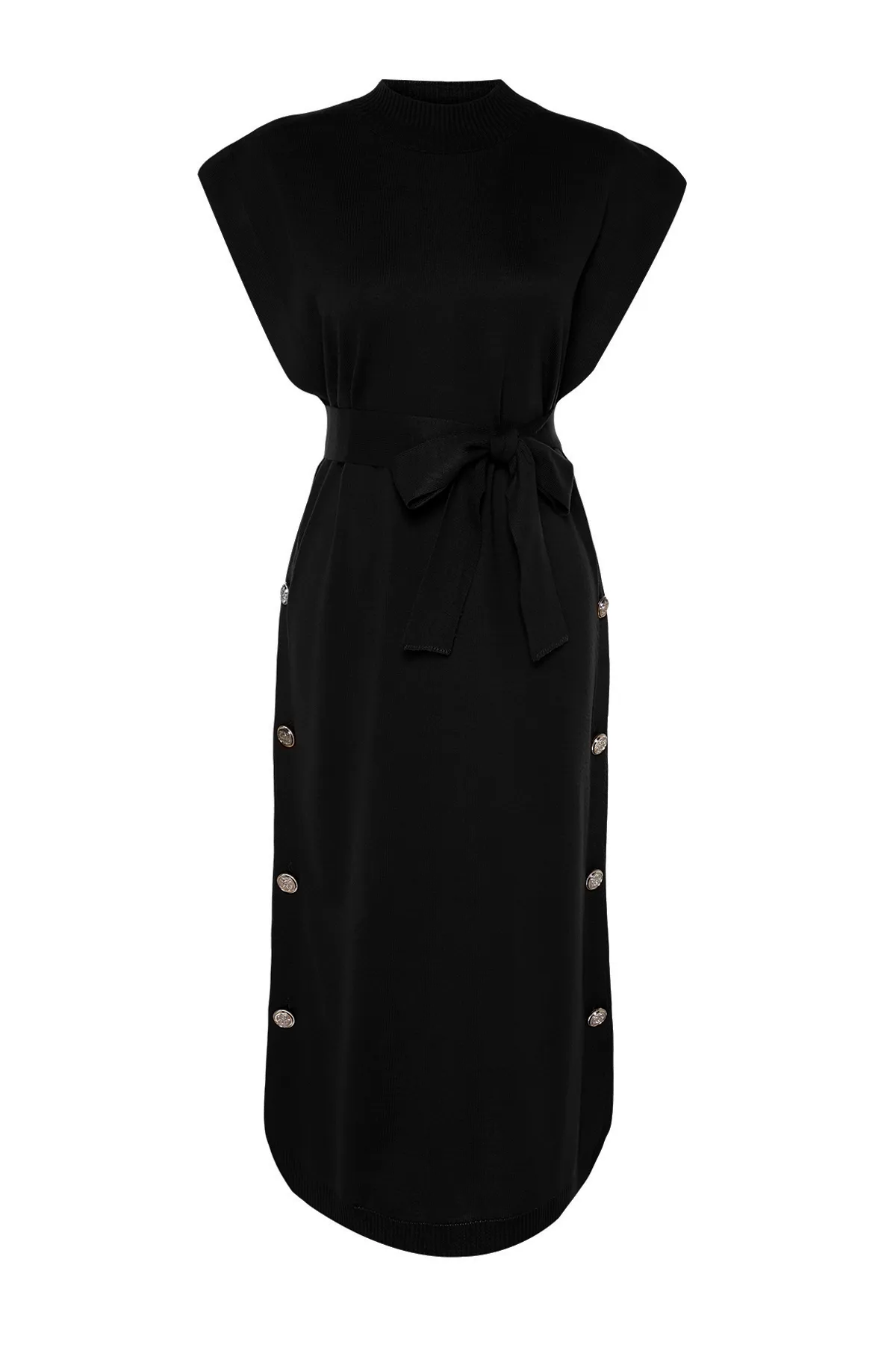 Trendyol Modest  Schwarzes Strickpulloverkleid mit Knöpfen und detaillierten Details TCTAW24UV00038