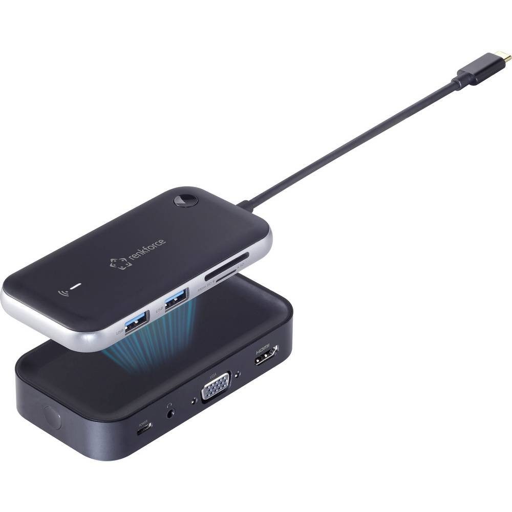 Renkforce Laptop-Dockingstation USB-C Hub zur drahtlosen Bildübertragung, drahtlose Bildübertragung, integrierter Kartenleser