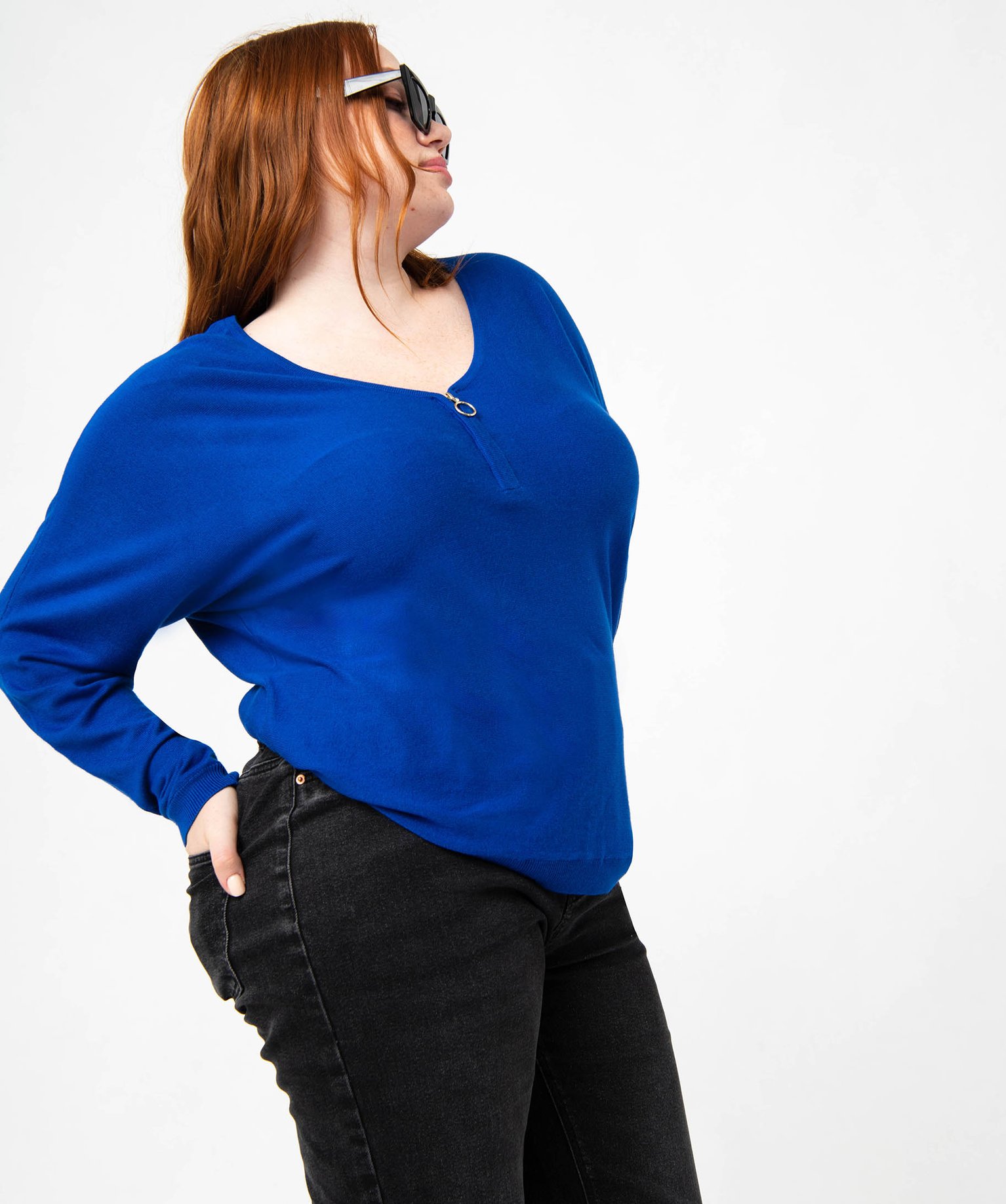 Pull fin avec col V zippé femme grande taille bleu | GEMO