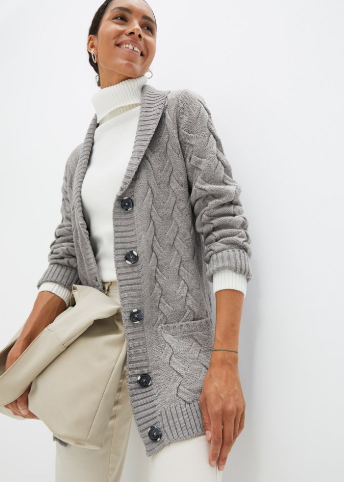 Strickjacke mit Schalkragen und Zopfmuster