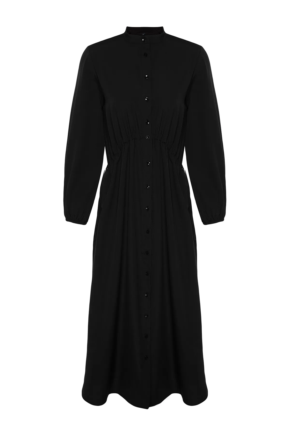 Trendyol Modest  Schwarzes Kleid aus gewebter Baumwolle mit verstellbaren Stopperdetails in der Taille TCTAW24EB00068