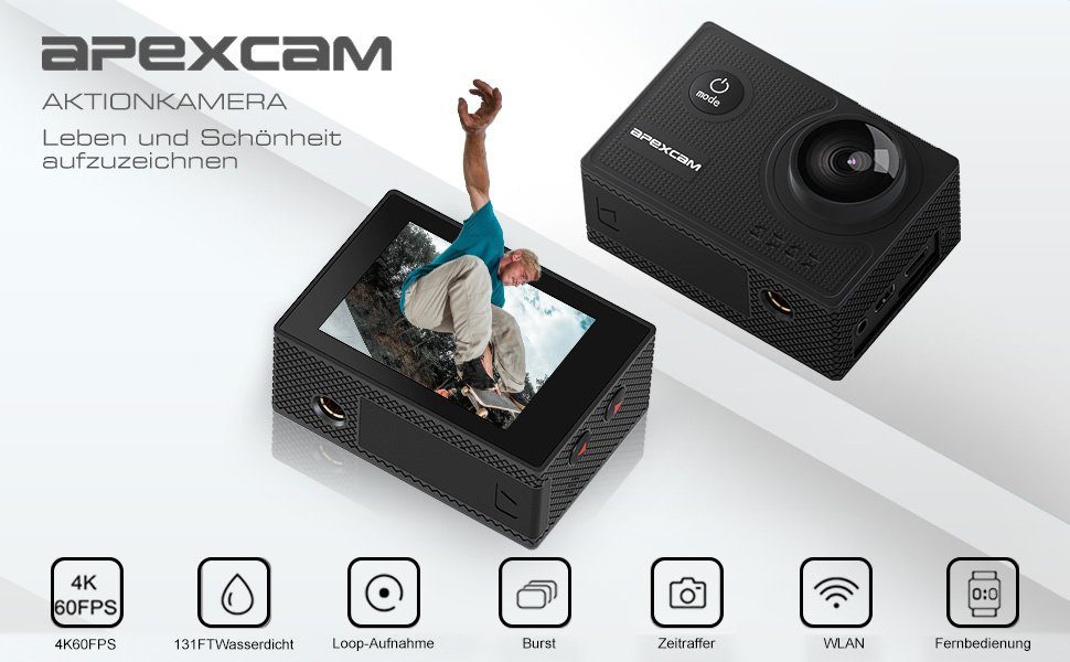 Apexcam X60 Pro Action Cam (1080p, 4K, WLAN (Wi-Fi), 8x opt. Zoom, mit Tasche, zwei Akkus, zwei Ladegeräten, Unterwasserkamera, Fernbedienung, Externes Mikrofon)