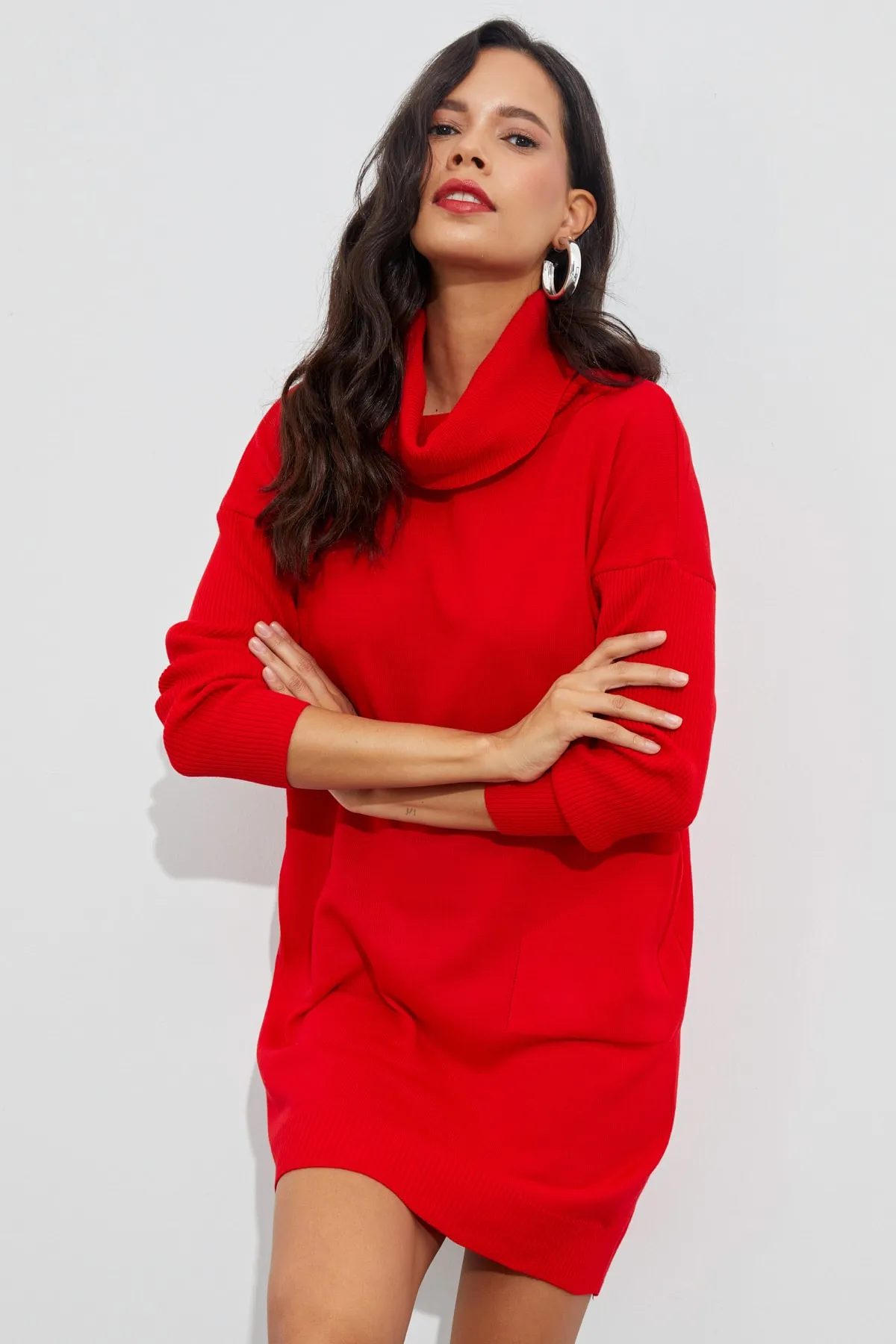 Cool & Sexy  Rotes Strick-Minikleid mit Rüschenkragen für Damen YV73