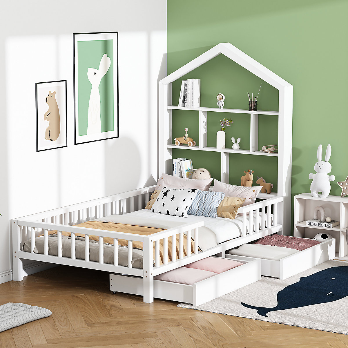 Hausbett 90x200 cm mit Bücherregal und Schubladen