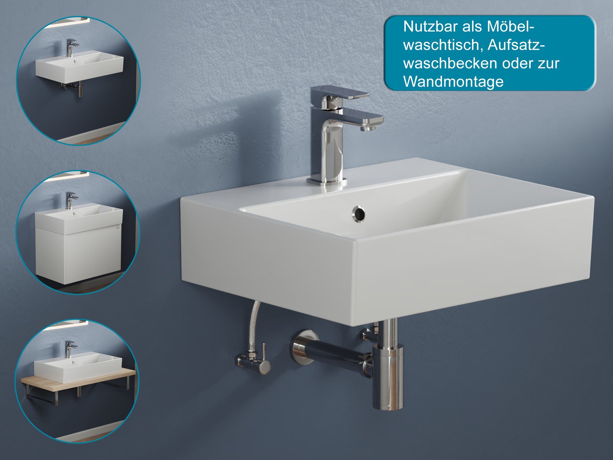 Aqua Bagno Aufsatzwaschbecken Aqua Bagno, Design Hängewaschbecken Waschbecken (Packung), Waschbecken mit extra dünnem Rand, ohne seitliche Ablagefläche.