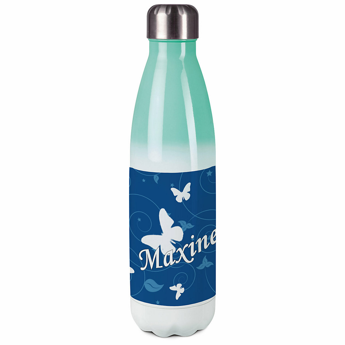 Edelstahl Kinder Thermoflasche / Trinkflasche bunt Schmetterling Ornamente Farbe blau Spülmaschinenfest, Auslaufsicher, Bruchfest, Doppelwandig, Für Heißgetränke geeignet, Mit Deckel, Isoliert