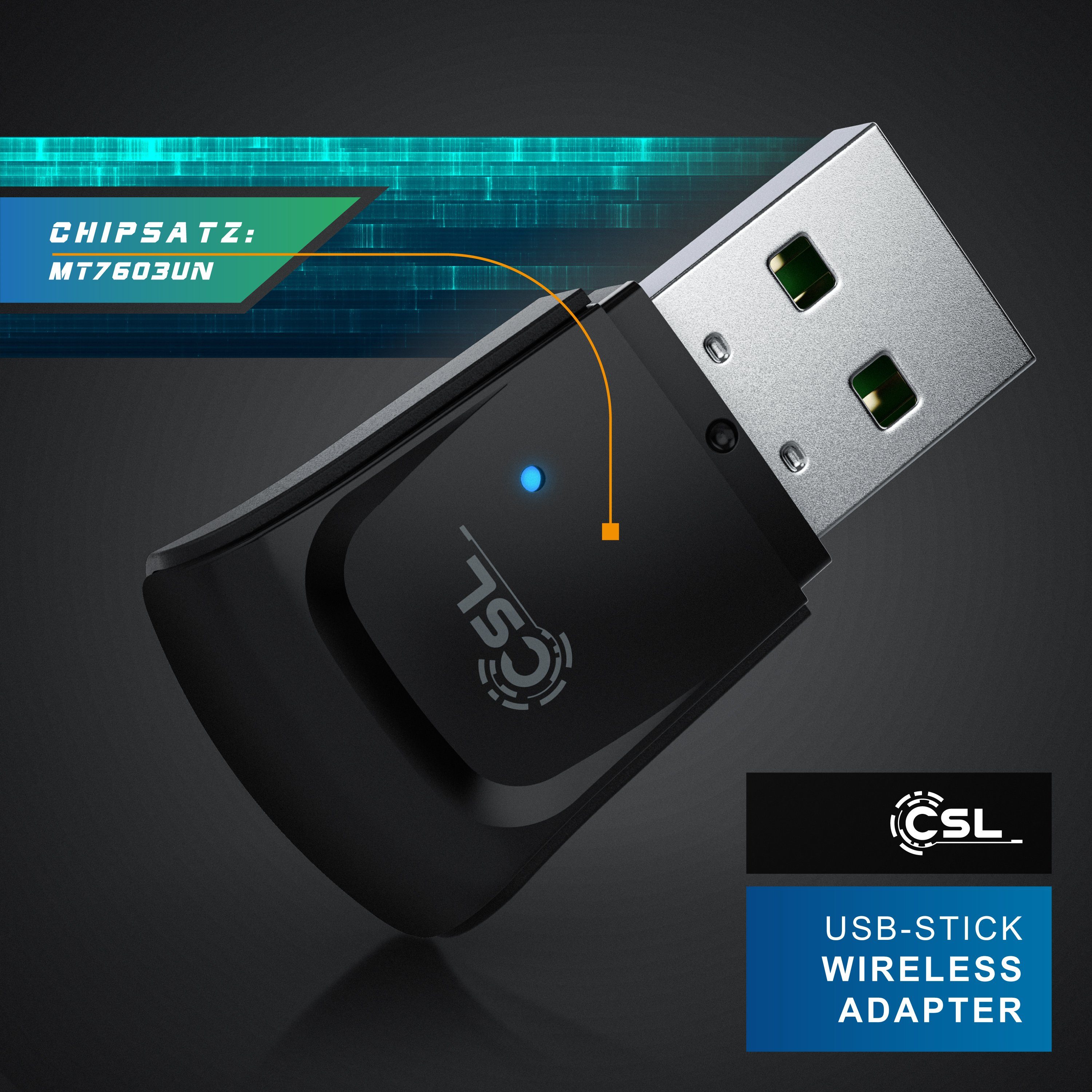CSL WLAN-Dongle, 300 Mbit/s USB Stick WiFi Adapter 2,4 Ghz 2T2R, Verstärkung 18 dBm