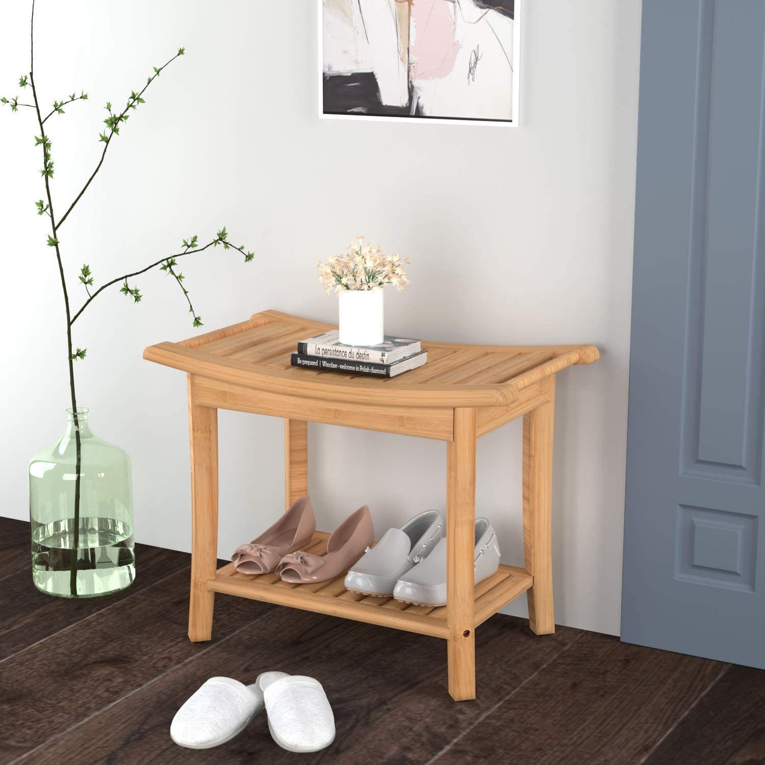 HOMECHO Dusch- und Badhocker, belastbar bis 150 kg, Sitzhocker Sitzbank Bambus