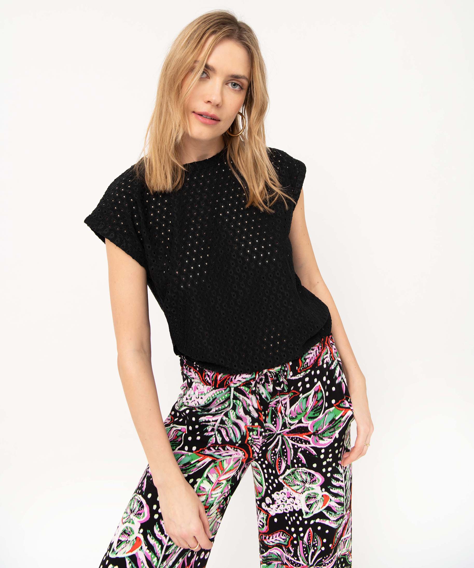 Tee-shirt femme à manches courtes en maille ajourée noir | GEMO