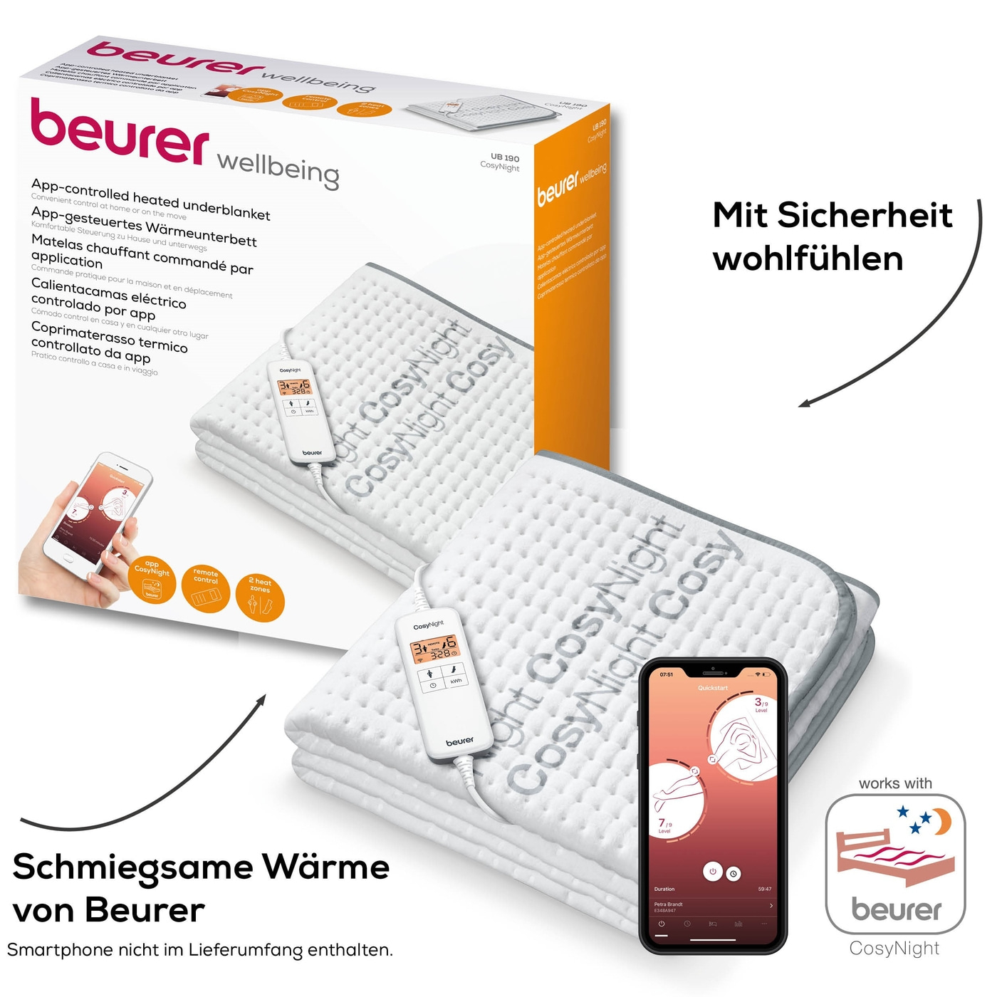 Beurer Komfort-Wärmeunterbett UB 190 CosyNight-App-gesteuertes Wärmeunterbett mit 2 Wärmezonen & Wärmerückschaltung - 150 x 80 cm