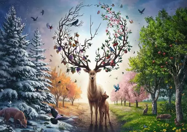 Puzzle 1000 Teile - Der magische Hirsch und die vier Jahreszeiten