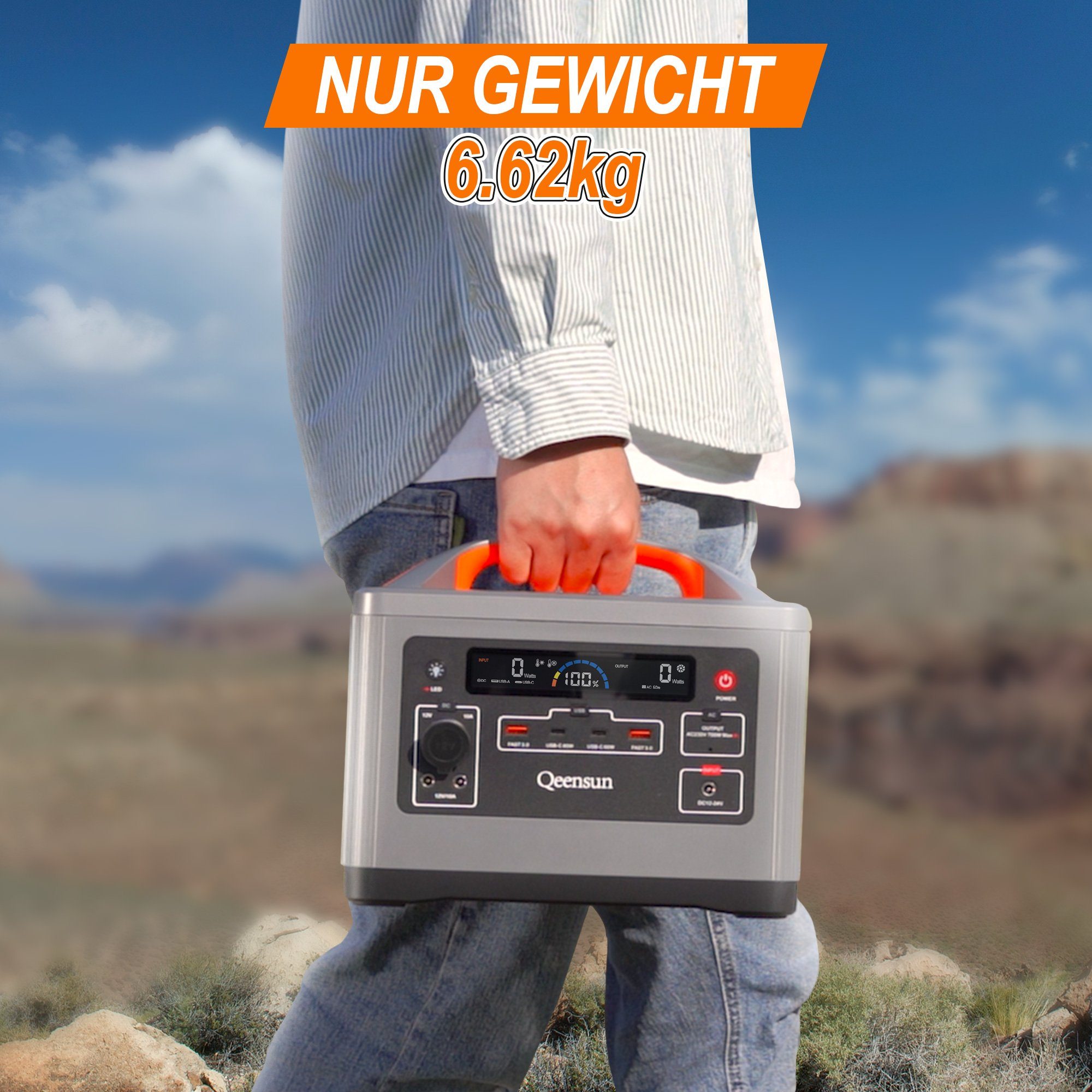 farfi Stromerzeuger Tragbare Powerstation, Mobile LiFePO4, 537.6Wh Solar,230V/ 700W AC, (Set, Benutzerhandbuch,AC-Adapter,Zigarettenanzünderkabel,DC zu MC4 Kabel), Solarladung,Einfach zu verwenden