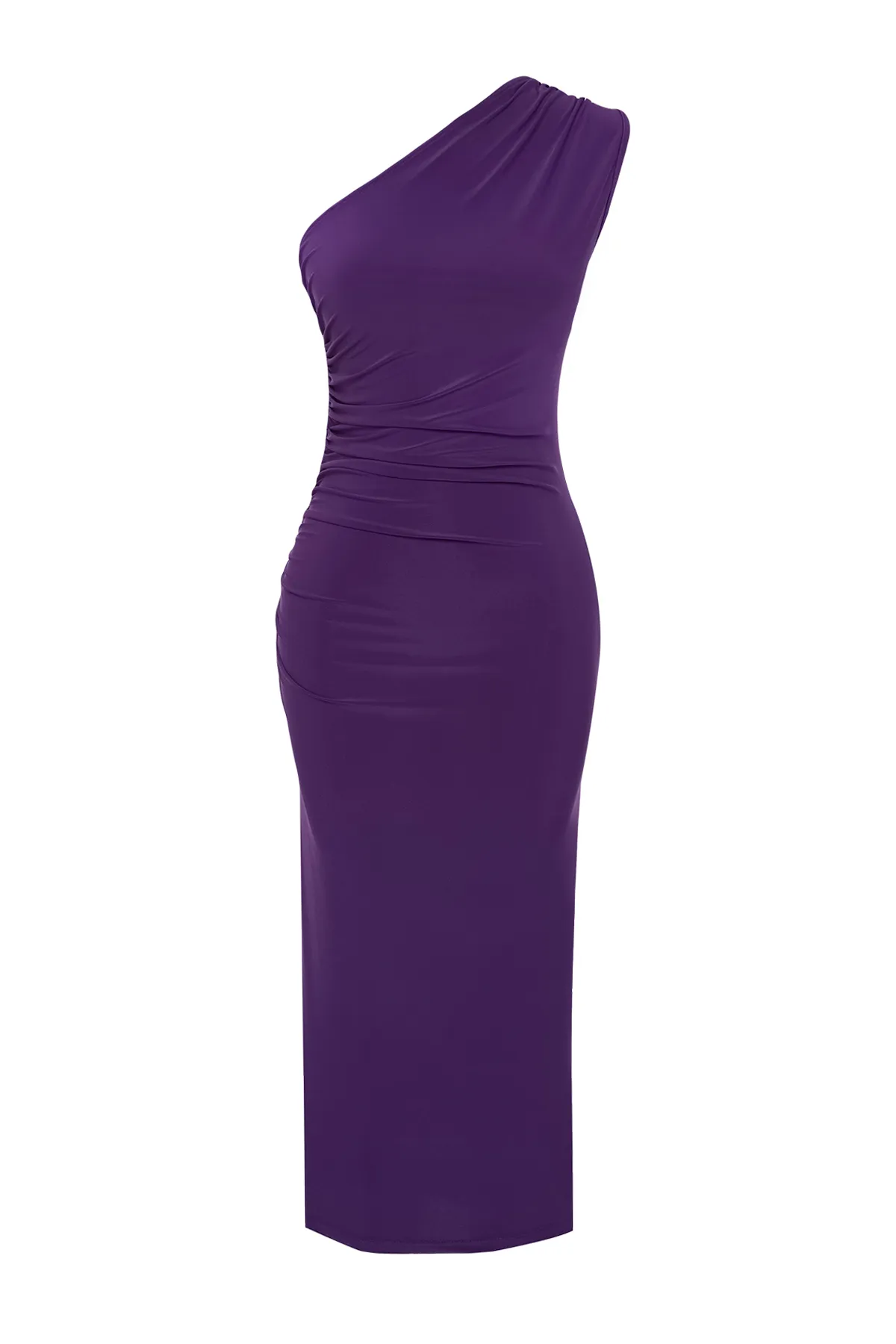 Trendyol Collection  Lilafarbenes, drapiertes, tailliertes/tailliertes, dehnbares Midi-Bleistiftkleid aus Strick mit einer Schulter TWOSS24EL00100