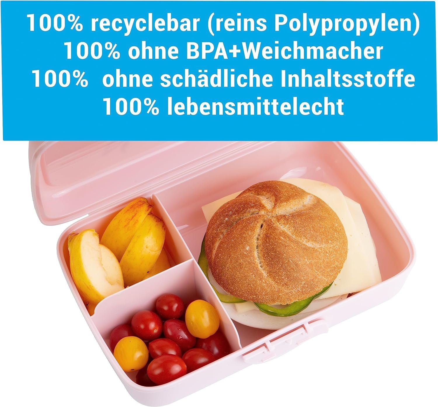 2friends Lunchbox 3er Set Brotdosen Lunchbox Kinder mit Trennfächern, Kunststoff, (21 cm x 13 cm x7 cm), Brotdose Kinder mit Fächern 3 Farben mint/weiß/rosa