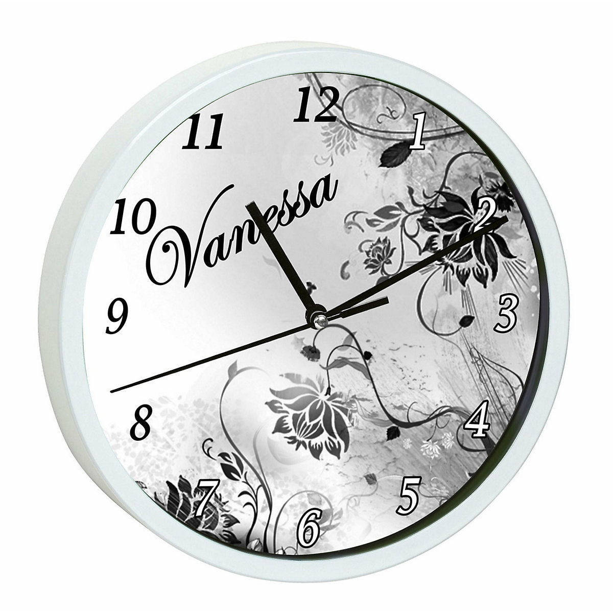 Kinder Wanduhr laufruhig personalisiert mit Name Blumenranke Schwarz