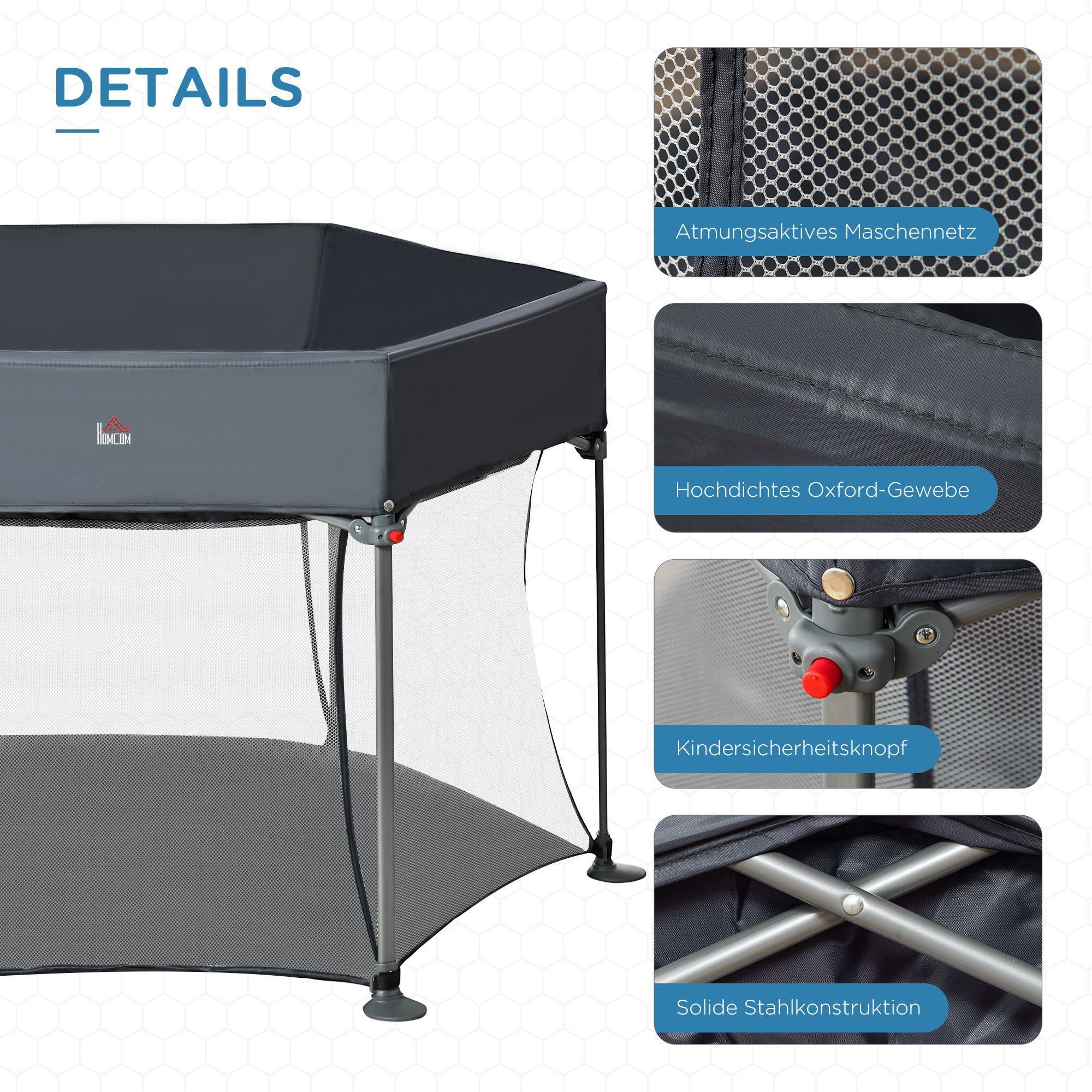 HOMCOM Laufgitter Laufstall klappbar tragbar 134 cm x 134 cm x 83 cm Mesh PP Grau (Set, 1-tlg), zusammenklappbar