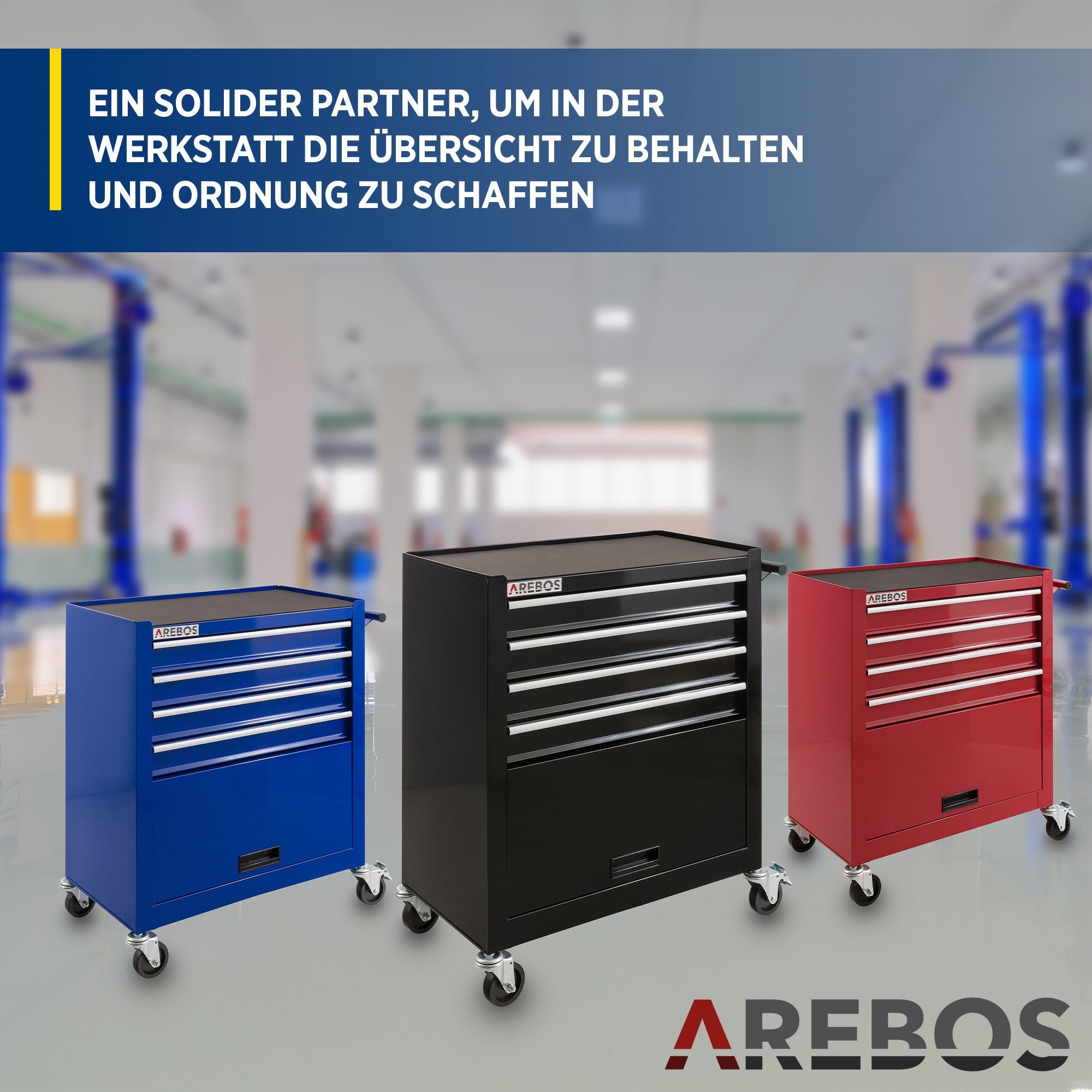 Arebos Werkstattwagen 4 Fächer + großes Fach für Ihr Werkzeug, inkl. Antirutschmatten, schwarz