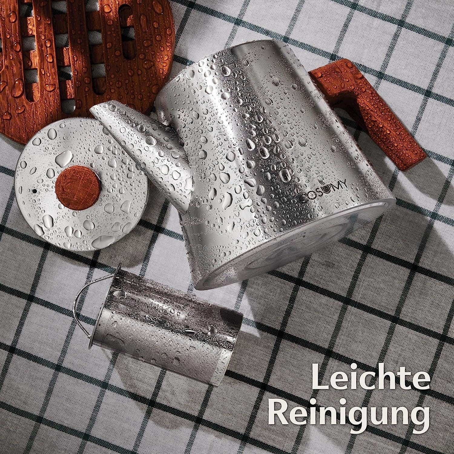 Cosumy Teekanne 1,2 L Mit Siebeinsatz und Untersetzer - Edelstahl & FSC Holz, 1,2 l, (Set), Kanne mit Sieb für Tee - Induktion - Tropffrei - Hält lange warm