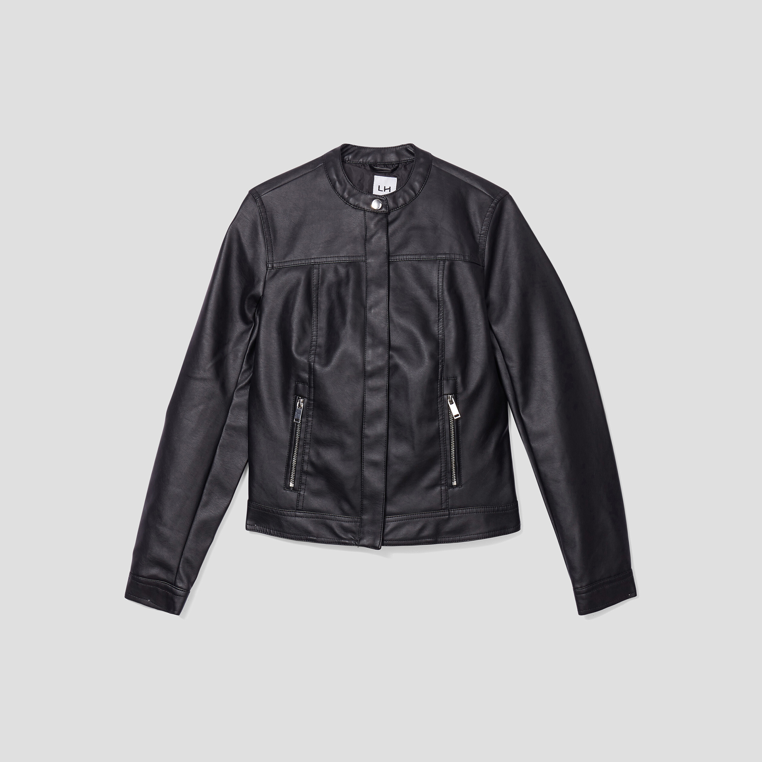 Blouson simili cuir ajusté à col rond noir femme | La Halle