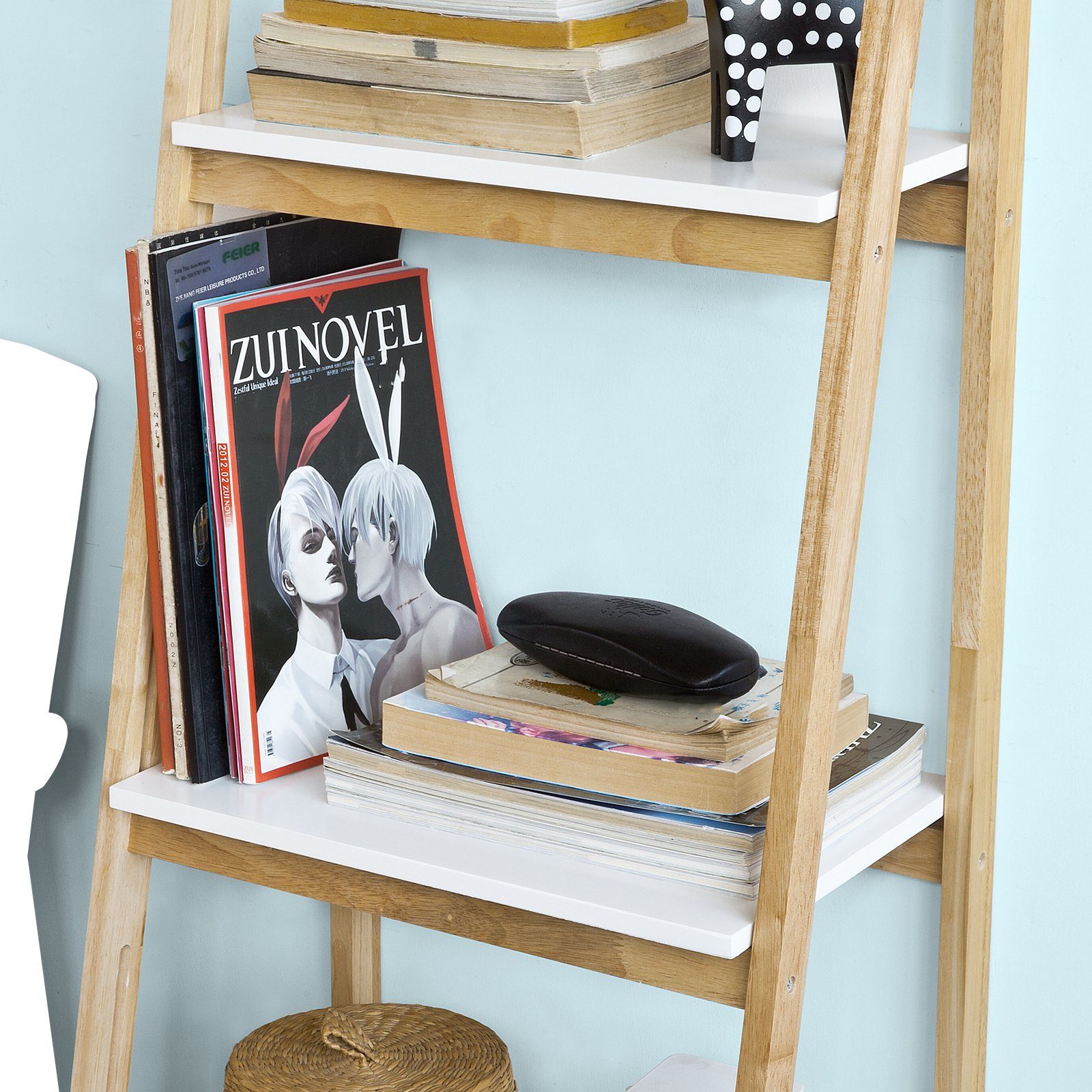 SoBuy Leiterregal FRG162, Standregal Bücherregal mit 4 Böden Kautschukholz und MDF klappbar