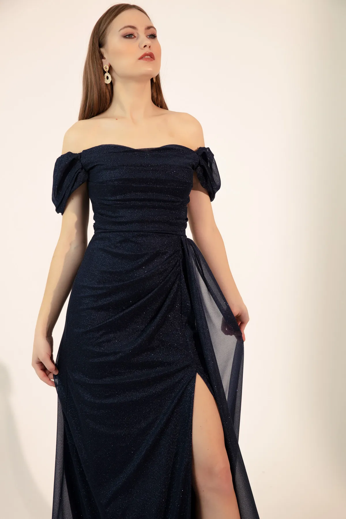 Lafaba  Damen-Abendkleid in Marineblau mit U-Boot-Ausschnitt, drapiertem Schlitz, langes Glitzer-Abendkleid