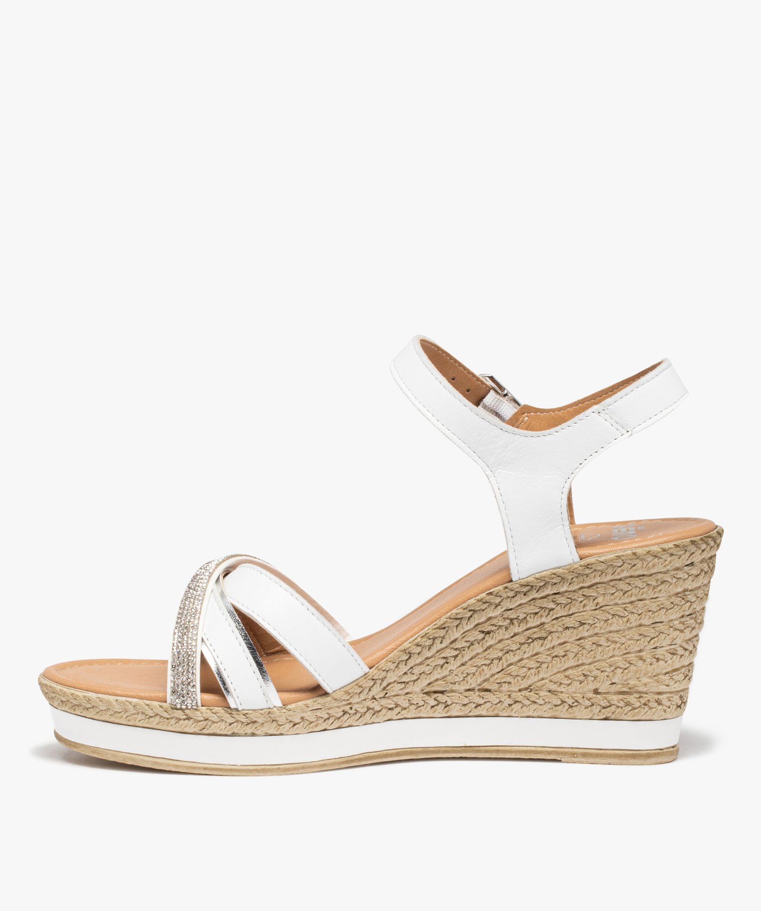 Sandales femme compensées à brides en cuir et strass blanc | GEMO