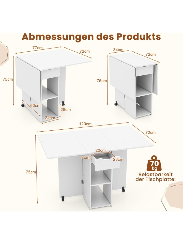 COSTWAY Esstisch klappbar mit 2 Rädern in Weiß günstig kaufen onesize