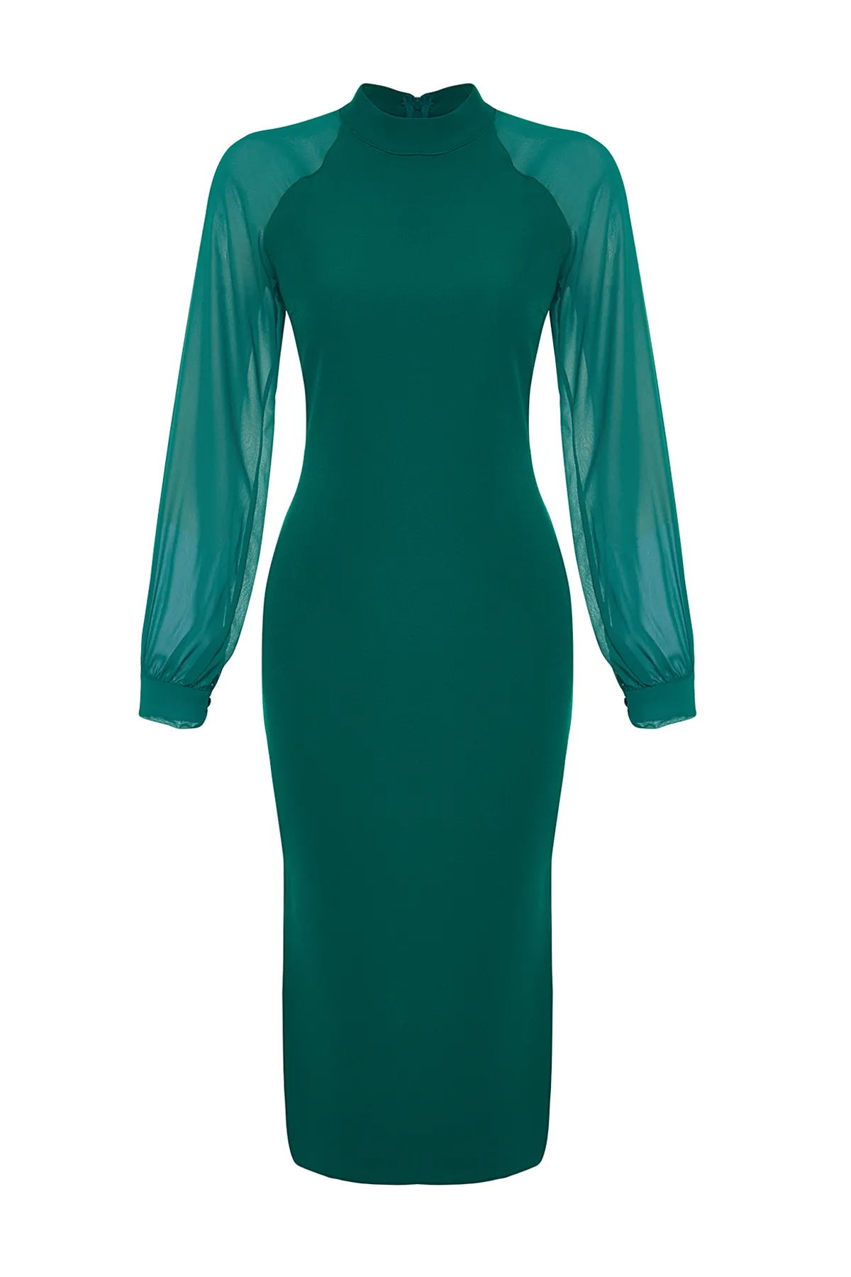 Trendyol Collection  Smaragdgrünes, detailliertes Midi-Webkleid mit Stehkragen und Ärmeln TWOAW24EL00461
