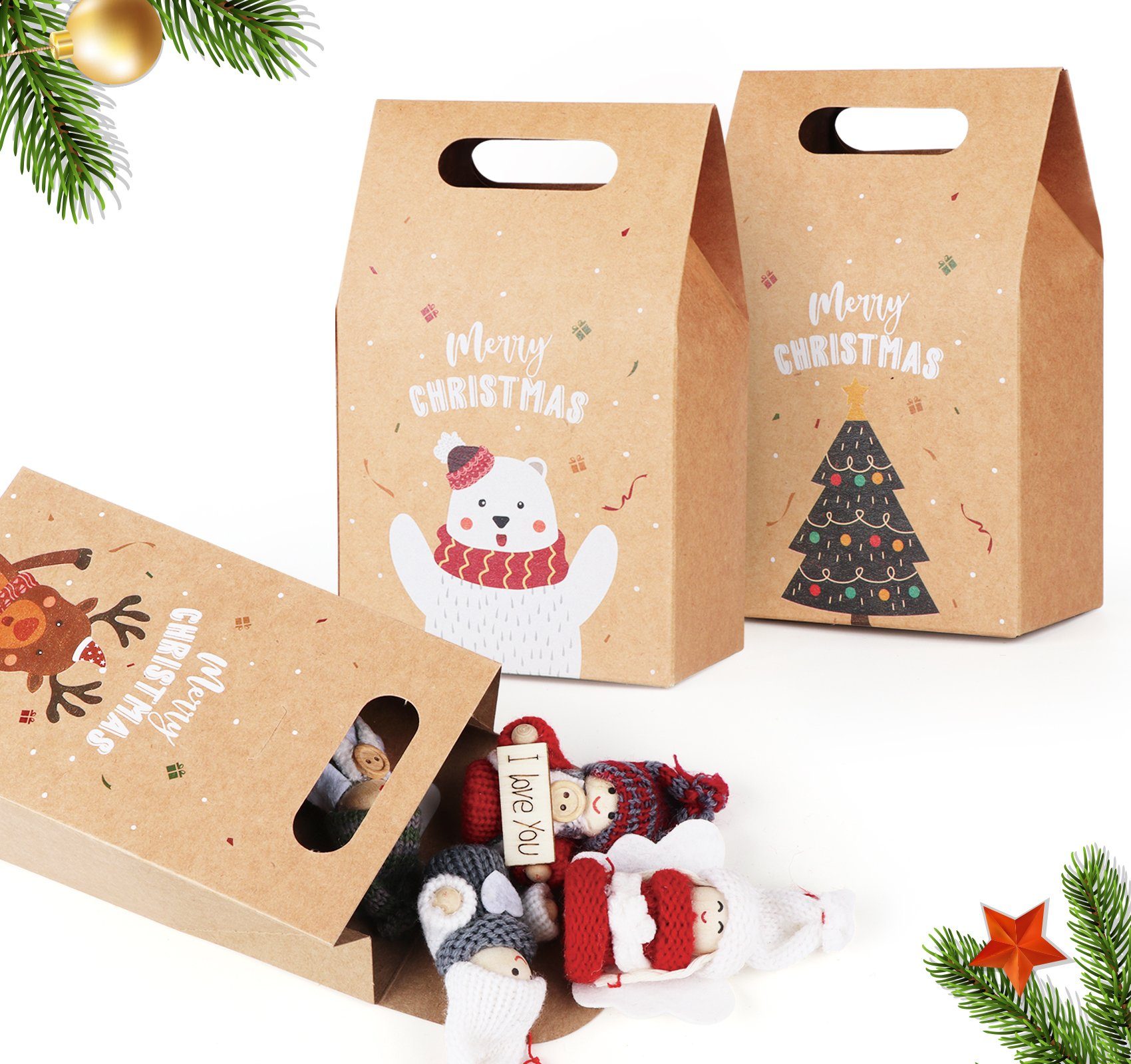 Homewit Christbaumschmuck Papiertüten Weihnachten Geschenktüten mit Kraftpapier Geschenktaschen (24-tlg), mit verschiedenen Weihnachtsmotiven Geschenke Mitgebsel