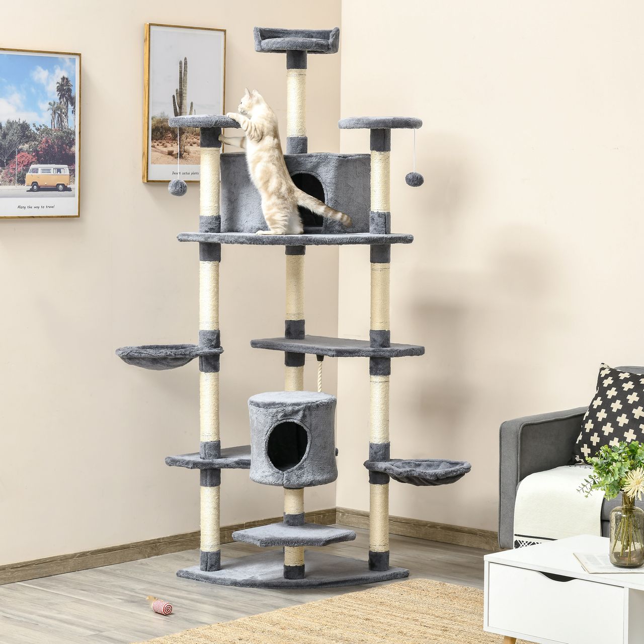 PawHut Katzenbaum Ecke Kratzbaum Spielbaum Katzenkratzbaum Katzen Kletterbaum Hellgrau 200 cm