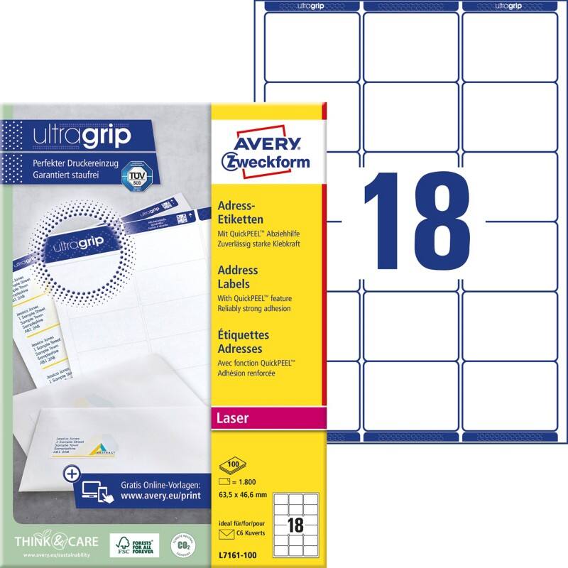 AVERY Zweckform Abziehhilfe QuickPEEL,ultragrip Adressetiketten L7161-100 haftend DIN A4 Weiß 63,5 x 46,6 mm 100 Blatt à 18 Etiketten