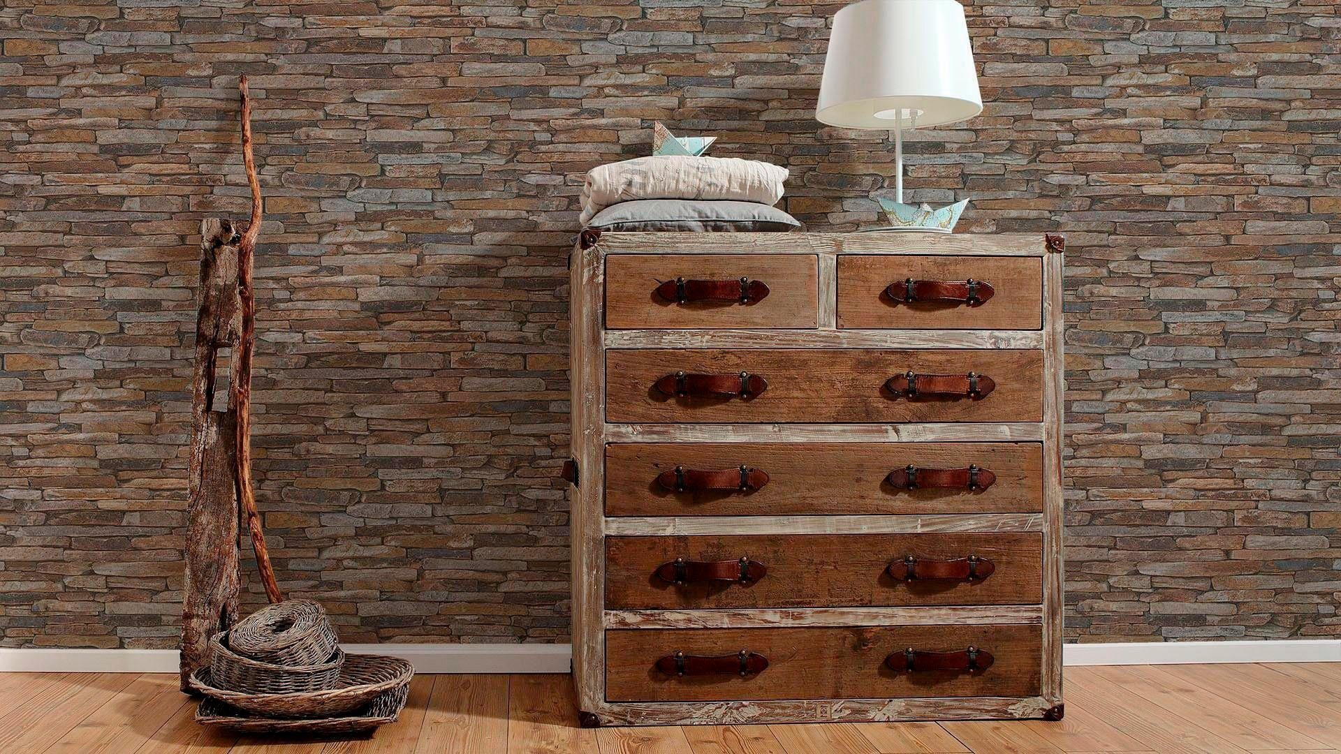 living walls Vliestapete Best of Wood`n Stone 2nd Edition, Steinoptik, Landhaus Tapete Stein Beige Braun Gelb