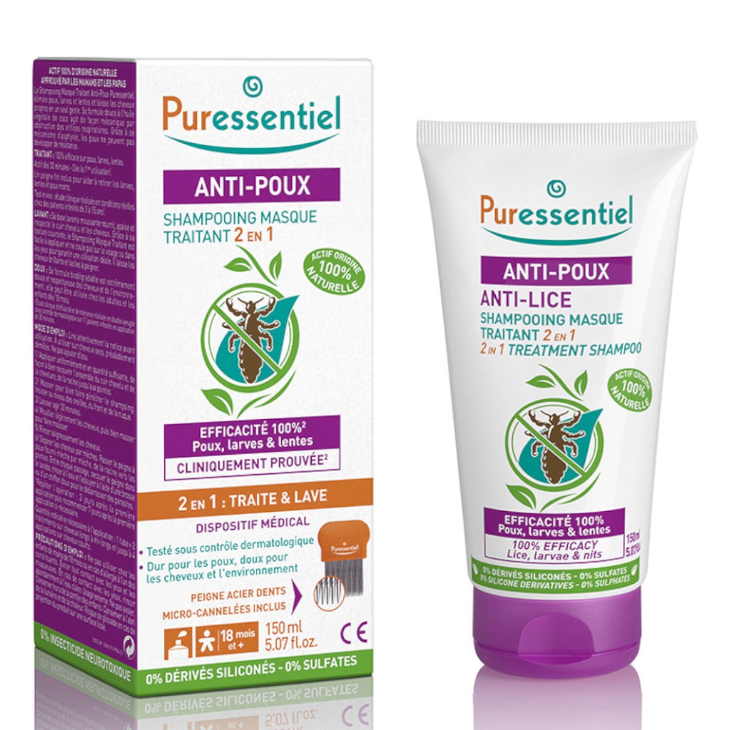Puressentiel Anti-Poux Shampooing masque traitant 2 en 1 avec peigne - 150 ml