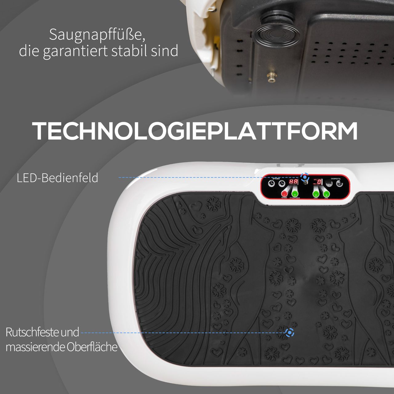 HOMCOM Vibrationsplatte mit 2 Fitnessbändern 99 Vibrationsstufen 120 kg Belastbarkeit Rüttelplatte Fitnessgeräte für Ganzkörpertraining zu Hause mit LCD-Anzeige 200W 73 x 40 x 13cm Weiß Schwarz