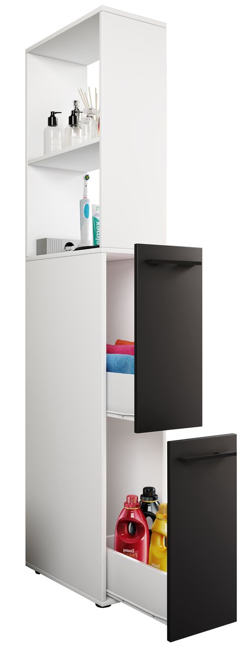 VCM Badmöbel Nischenschrank Raumteiler Badschrank Midischrank Schublade Sadilo XL Honig-Eiche Weiß/Schwarz
