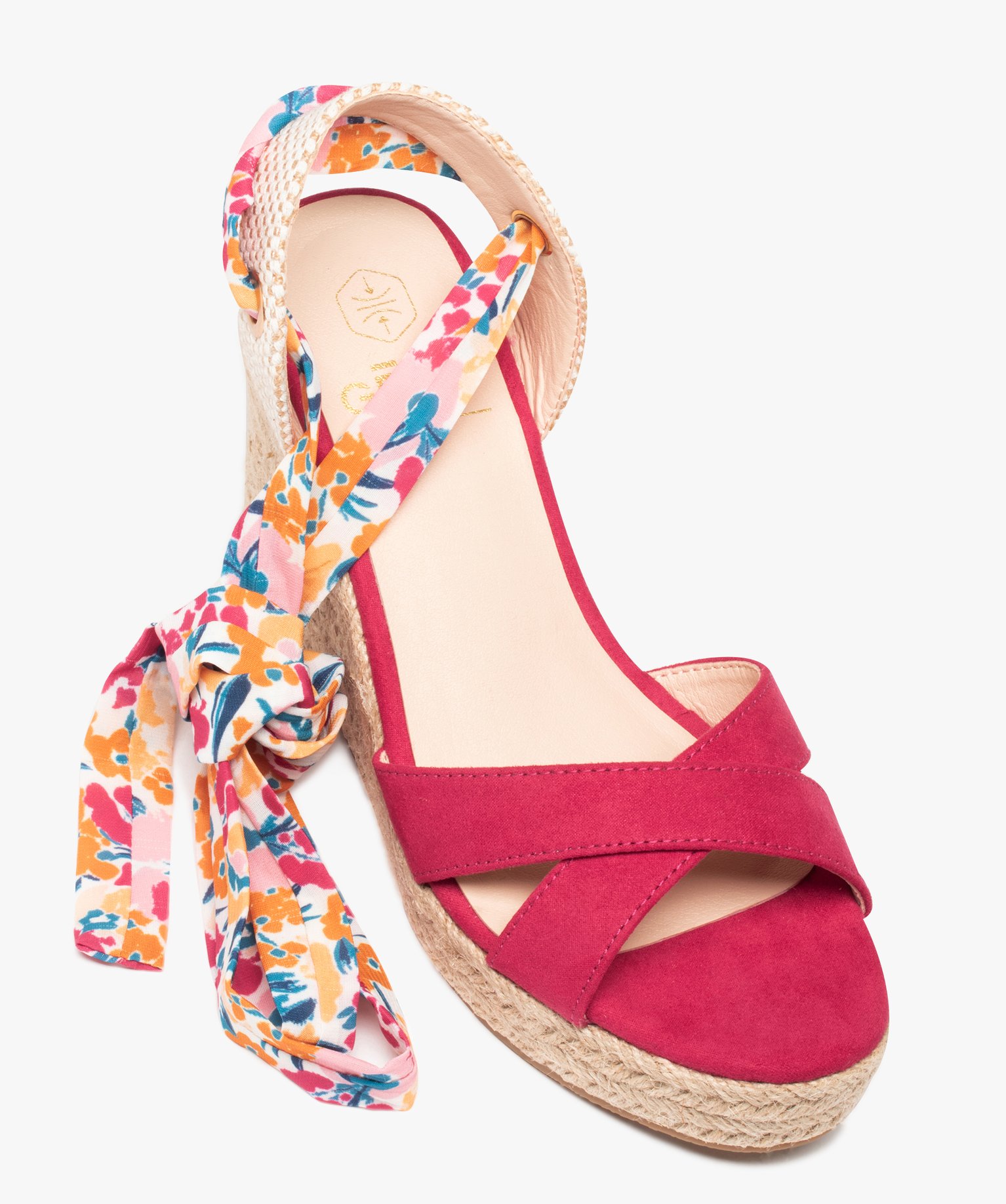 Sandales femme compensées en suédine et bride foulard fuchsia | GEMO