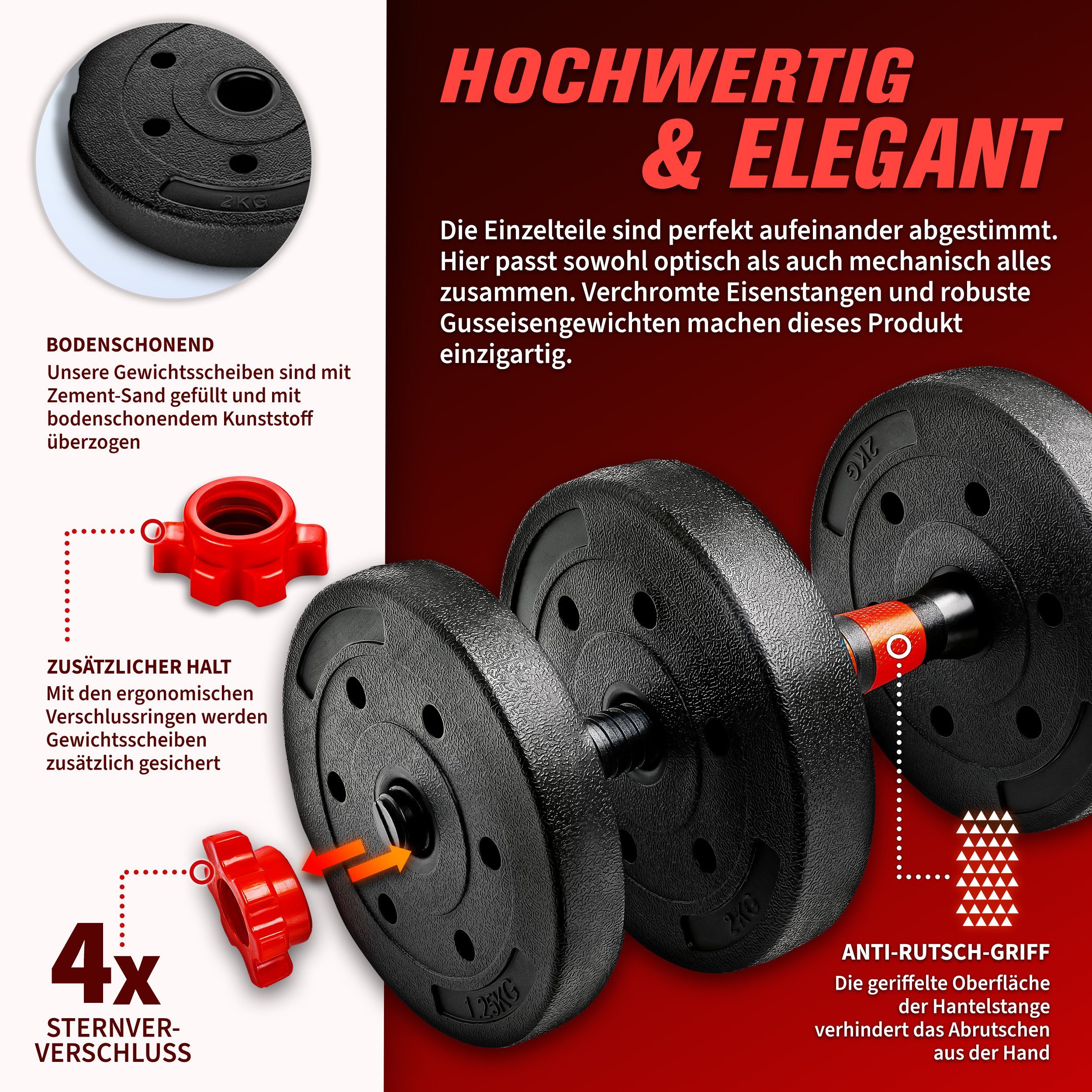 RE:SPORT Hantel-Set Hantelset verstellbar, Kurzhantel & Langhantel, Sternverschlüsse & Verbindungsrohr