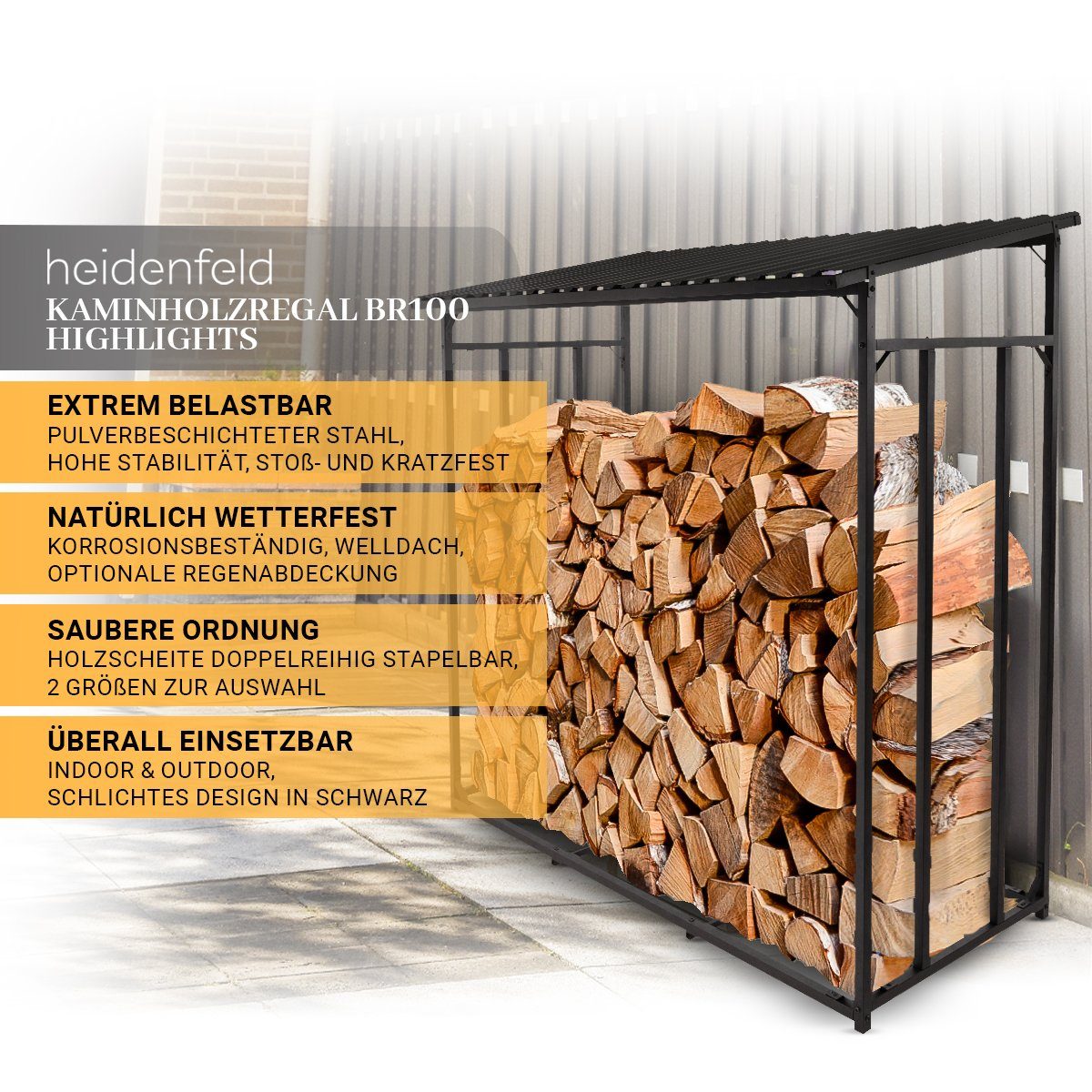 Heidenfeld Kaminholzregal Brennholzregal BR100, BxTxH:135x70x165 cm, (Kaminholzregal für außen und innen, Wetterbeständig, Welldach, 1-St., Max. Belastung 2250 kg, Stahl, Stoß- und Kratzfest), Stahl Feuerholzregal Holzstapelhilfe Holzunterstand Kamin