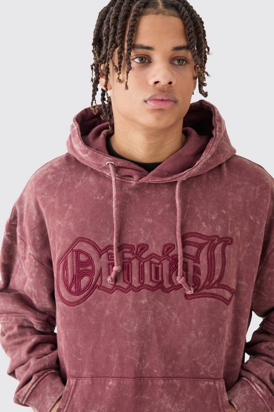 Kastiger Oversize Hoodie mit Acid-Waschung und Official-Stickerei