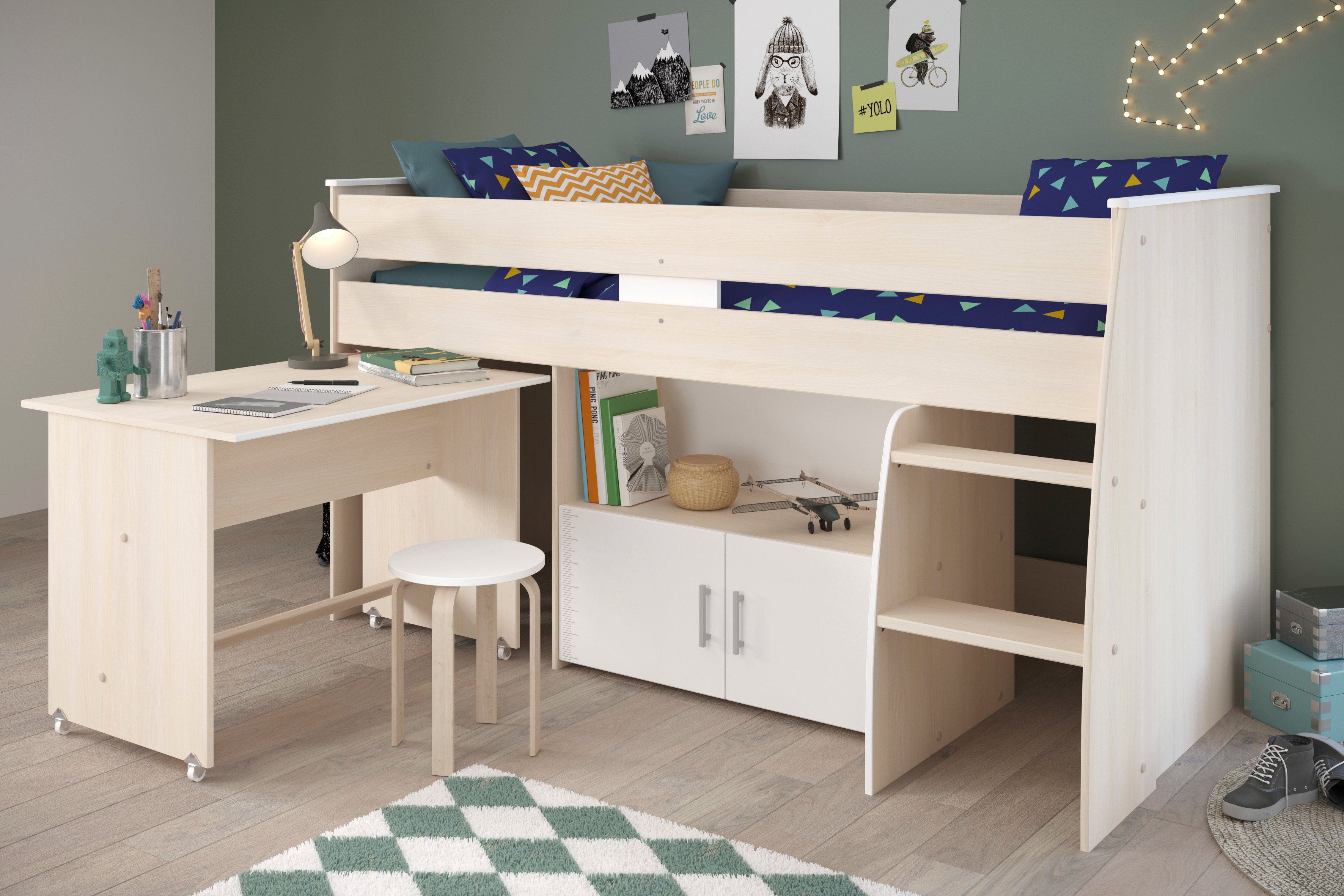 Parisot Jugendzimmer-Set Charly, (Komplett Set, 1-St., in verschiedenen Zusammenstellungen wählbar), Hochbett mit Schreibtisch