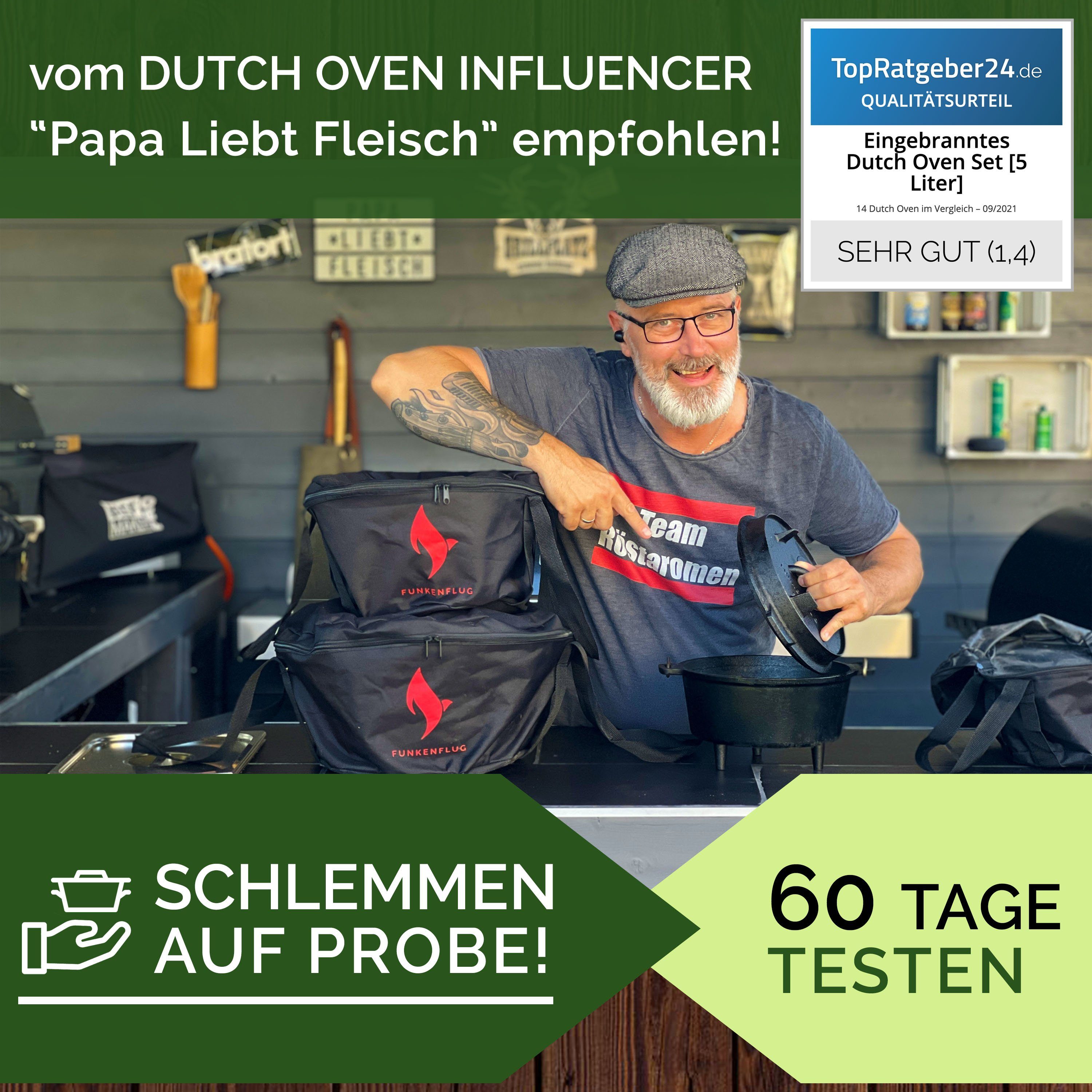 Funkenflug Feuertopf Eingebranntes Dutch Oven Set - für gesellige Grill Abenteuer, Gusseisen (Dutch Oven Set, 5-tlg., - BBQ Feuertopf aus massivem dickwandigen Gusseisen), inkl. Transporttasche, Deckelheber & Ringreiniger
