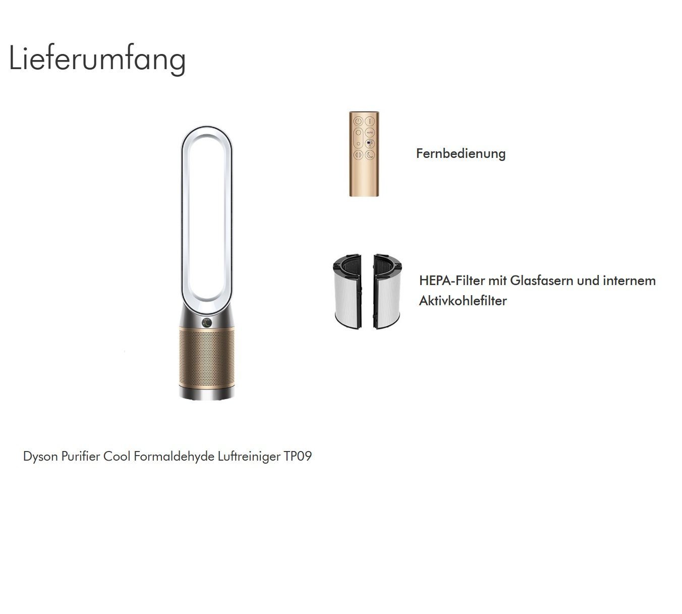 DYSON Ventilatorkombigerät TP09 Purifier Cool Formaldehyd 2in1 gold Ventilator Luftreiniger leise, Schlafzimmer geeignet, für Allergiker, Raucherzimmer, Turmventilator