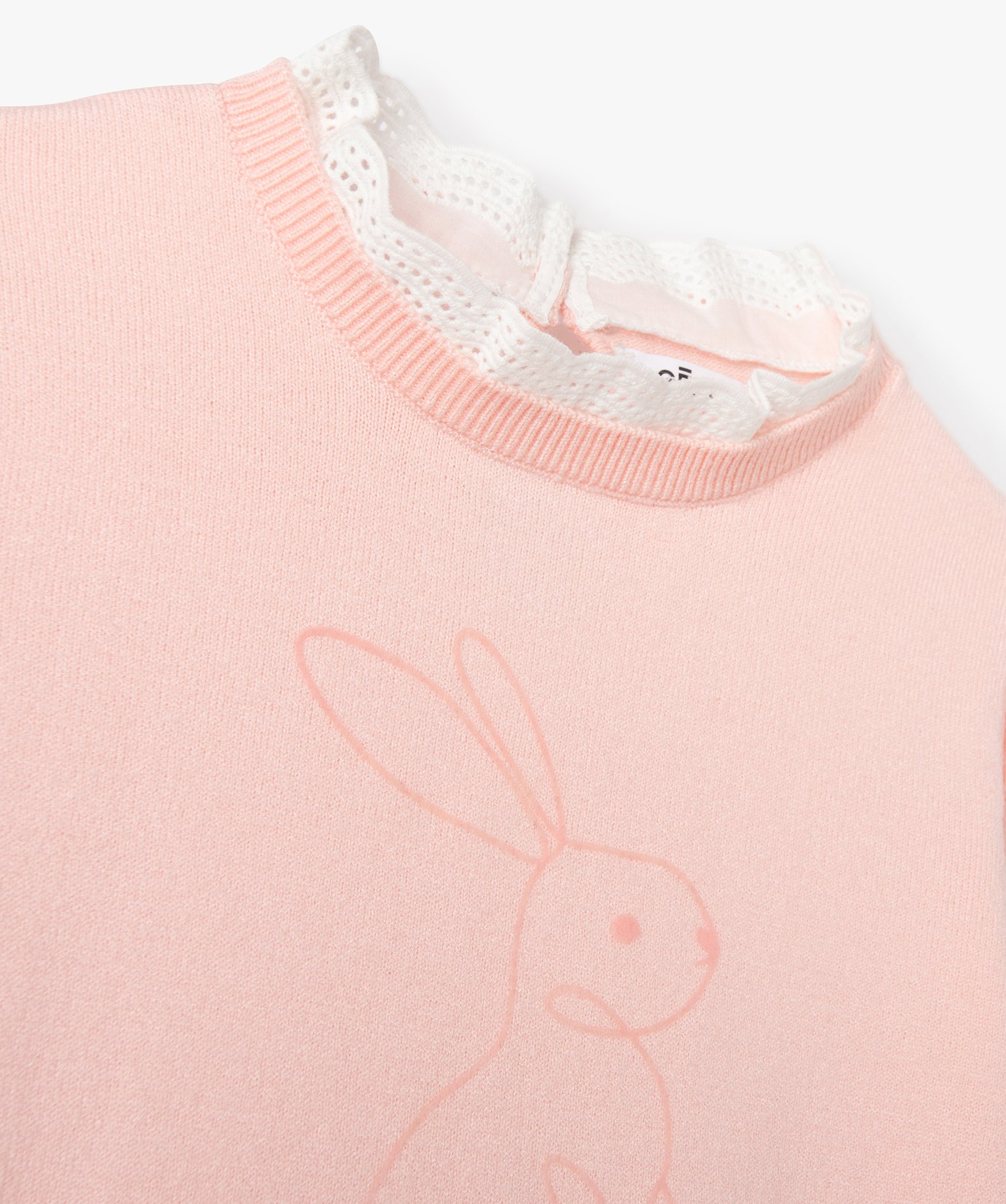 Pull fille en fine maille à col dentelle et motif animal rose | GEMO
