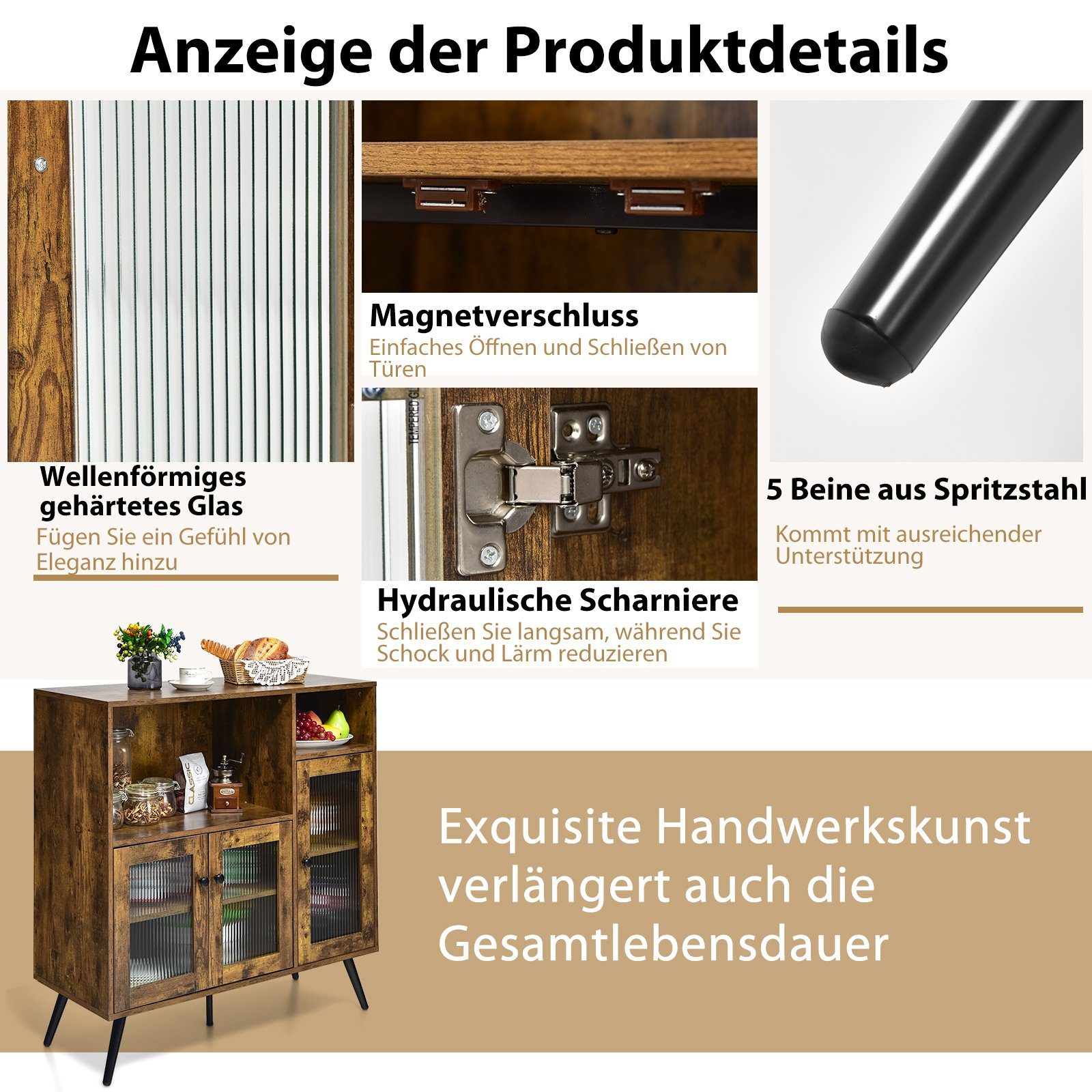 COSTWAY Küchenbuffet mit Glastüren & Fächern, Kippschutz, 100x39,5x100cm