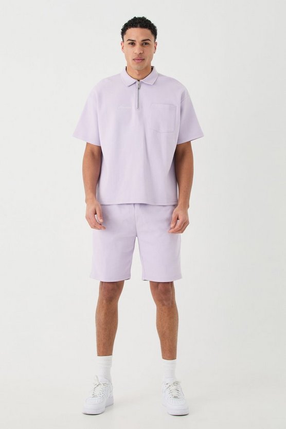 Besticktes Oversize Poloshirt mit 1/4 Reißverschluss & Shorts