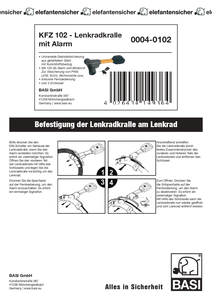 Basi KFZ 102 - Lenkradkralle mit Alarm