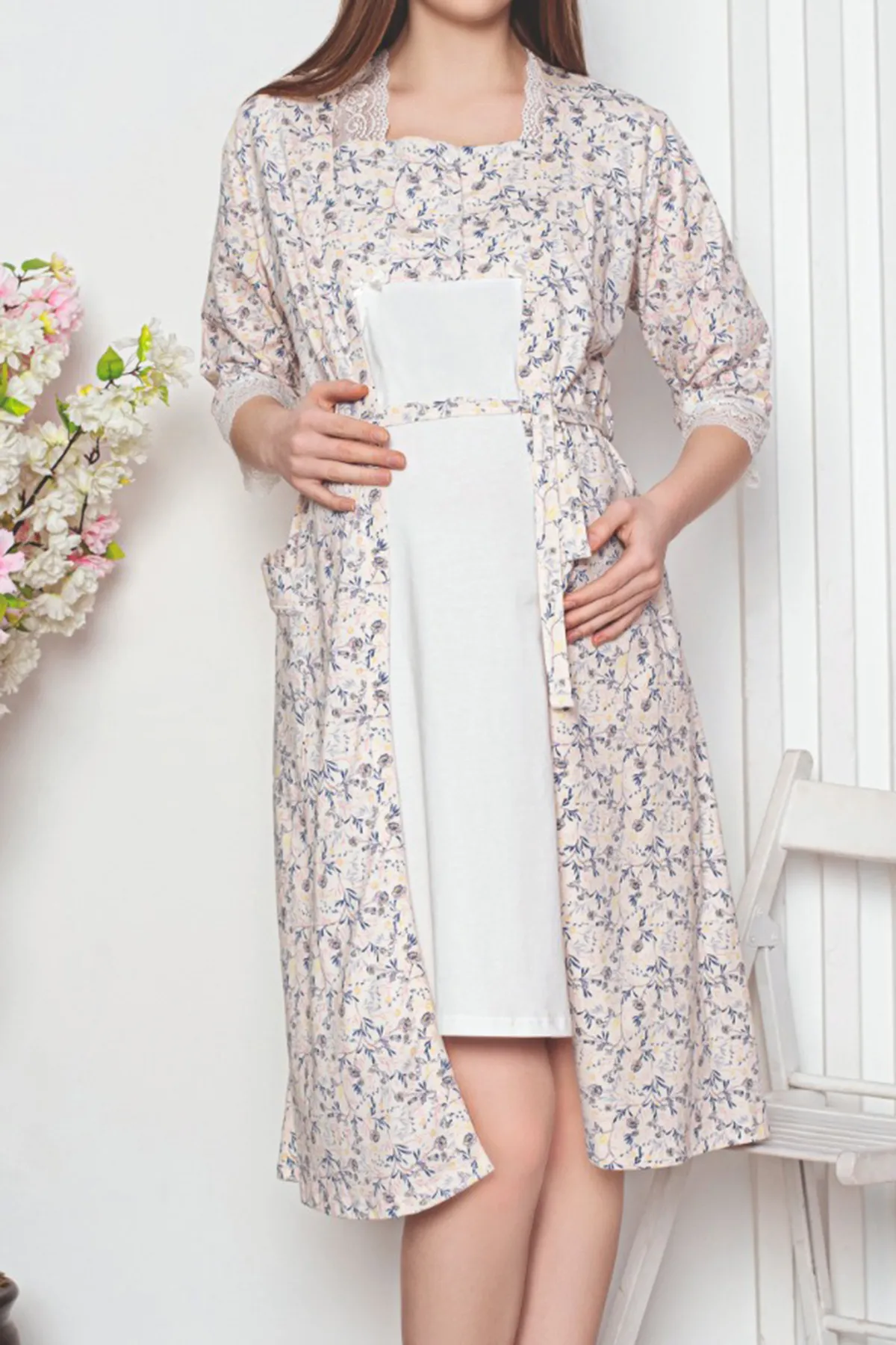 Nicoletta  Umstands-Morgenmantel, Tunika, Doppel-Set, Lycra, Indigo