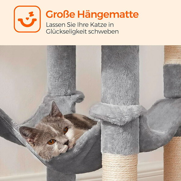 Katzenhaus 143 cm, mit 4 Kratzsäulen, 2 Plattformen, Hängematte und Höhle