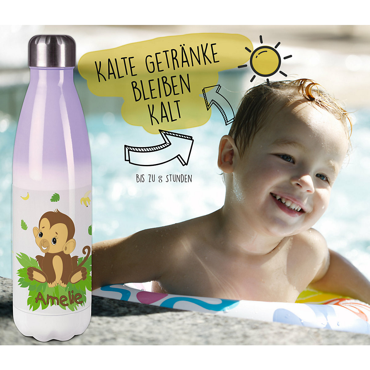 Edelstahl Kinder Thermoflasche / Trinkflasche bunt Affenbaby Spülmaschinenfest, Auslaufsicher, Bruchfest, Doppelwandig, Für Heißgetränke geeignet, Mit Deckel, Isoliert