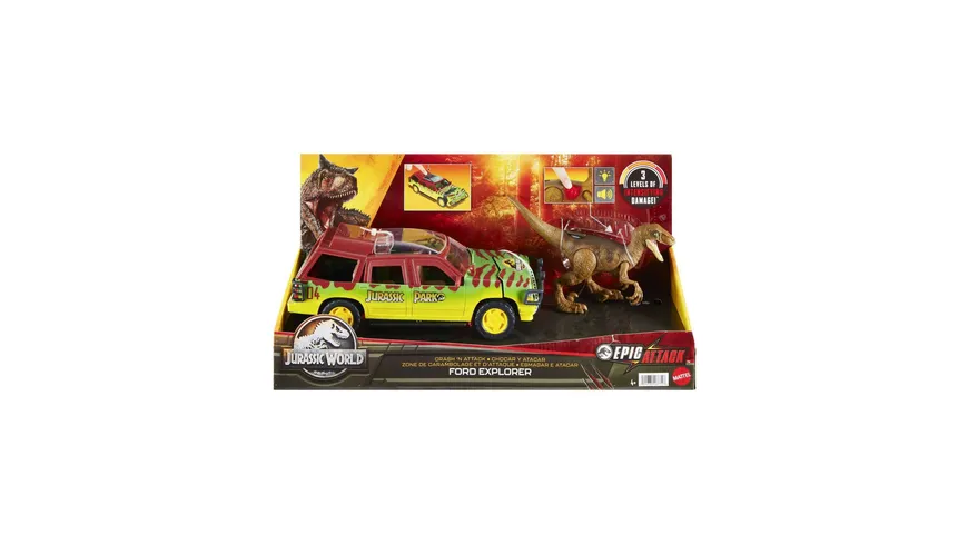 Jurassic World Epic Attack, Ford Explorer + Velociraptor mit Licht, Sound